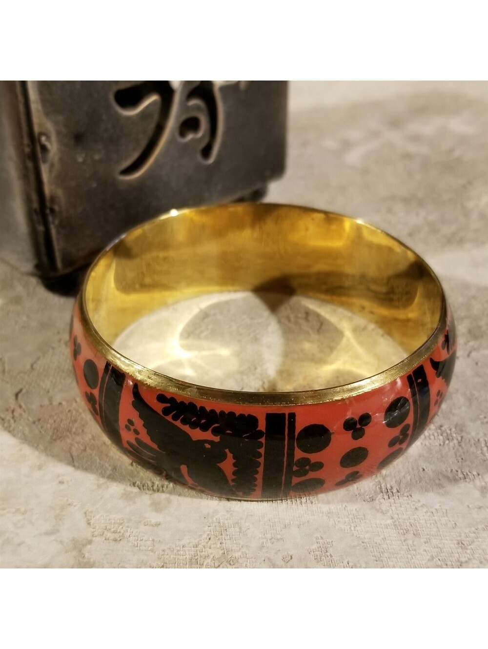 India Brass Bangle Bracelet with Black Orange Red Peace Dove Olive Branch Design